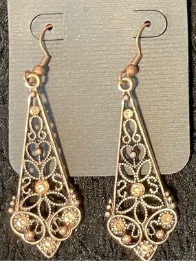 Delicate Rose Gold Filigree Teardrop Dangle Earrings with Matching Rhinestones